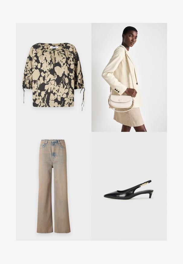 Zwart-beige bloes met bloemenprint, losse pasvorm, ronde halslijn en pofmouwen. Voorzien van strikjes bij de halslijn en elastische manchetten.; Lichtgekleurde wijde jeans met een hoge taille, gemaakt van denim. Voorzien van subtiele stiksels en vijf zakken, met een licht vervaagde textuur.; Zwarte leren slingback hakken met een spitse neus, voorzien van een slanke hak en een goudkleurige accent op de verstelbare band. Gladde textuur.; COACH EMMY SADDLE BAG 23 - Handtas - chalk