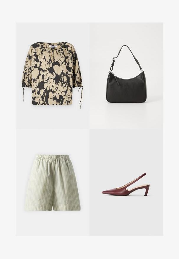 Black and beige floral blouse with a relaxed fit, round neckline, and puff sleeves. Features ties at the neckline and elastic cuffs.; Light green cotton shorts featuring vertical white stripes, an elastic waistband, and a loose, relaxed fit. Smooth texture.; Burgundy slingback heels with a pointed toe, cutout details on the side, and a mid-height block heel. Smooth leather finish.; Black leather handbag with a curved shape, a single strap, zip closure, and subtle branding on the front. Smooth texture, minimalist design.