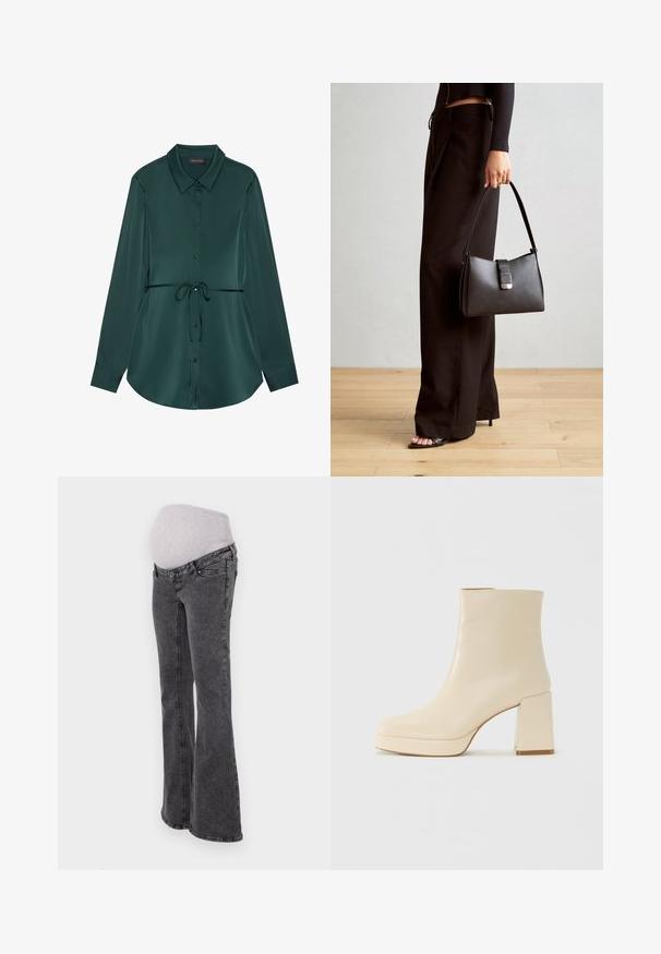 Μπλούζα με μακριά μανίκια από σκούρο πράσινο σατέν, με γιακά, κλείσιμο με κουμπιά, κορδόνι στη μέση και καμπυλωτό τελείωμα για χαλαρή εφαρμογή.; Μητρικά τζιν με ελαστική γκρίζα ζώνη που εφαρμόζει, φαρδιά πόδια και σκούρο γκρίζο φινίρισμα από τζιν, με κανονική ραφή και τσέπες.; Μπεζ δερμάτινη μπότες μέχρι τον αστράγαλο με τακούνι καμπίνας και πλατφόρμα, λεία φινίρισμα και ελαφρώς τετράγωνη μύτη, στραμμένη αριστερά σε λευκό φόντο.; Μαύρη τσάντα χειρός με δομημένο σχήμα, λεία υφή και μεταλλικό κούμπωμα. Συνδυασμένη με φαρδιά μαύρα παντελόνια και σανδάλια ανοιχτής μύτης πάνω σε ξύλινο πάτωμα.