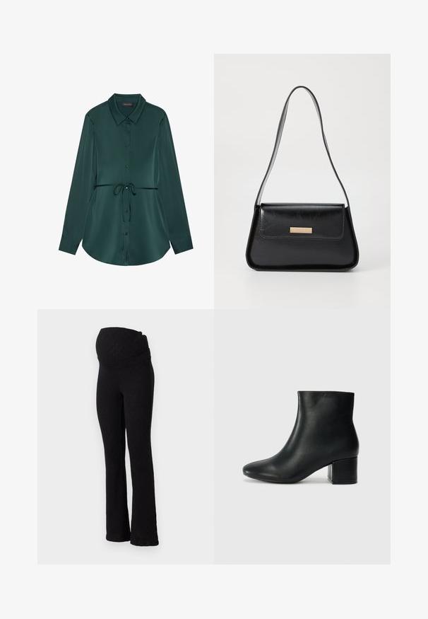 Chemise à manches longues en satin vert foncé avec col, fermeture par boutons, taille à cordon et ourlet incurvé pour une coupe décontractée.; Leggings de maternité noirs avec un motif en losanges texturé, une taille large pour le soutien et un design avec un bas évasé.; Bottines en cuir noir avec un bout pointu et un talon épais. Texture lisse avec des accents minimalistes et un design élégant et ajusté.; Sac à main en cuir noir avec une forme triangulaire structurée, une fine sangle et des détails en métal doré, comportant une plaque logo sur le rabat avant.