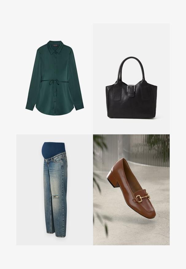 Srajca z dolgimi rokavi v temno zeleni satenasti barvi z ovratnikom, zapenjanjem na gumbe, pasom z vrvico in ukrivljenim spodnjim robom za sproščen videz.; Materinske hlače z temno modrim, raztegnjenim pasom in svetlo modrimi, poškodovanimi denimo nogami. Imajo poškodovan detajl na kolenu.; Rjavi lakirani loafer z kvadratnim nosom, kovinsko verigo kot okrasom in nizko blok podplatom; gladka tekstura, minimalističen dizajn.; Črna usnjena torba s gladko teksturo, strukturirano obliko, dvema ročkama in izrazitim srebrnim sponko na sprednji strani.