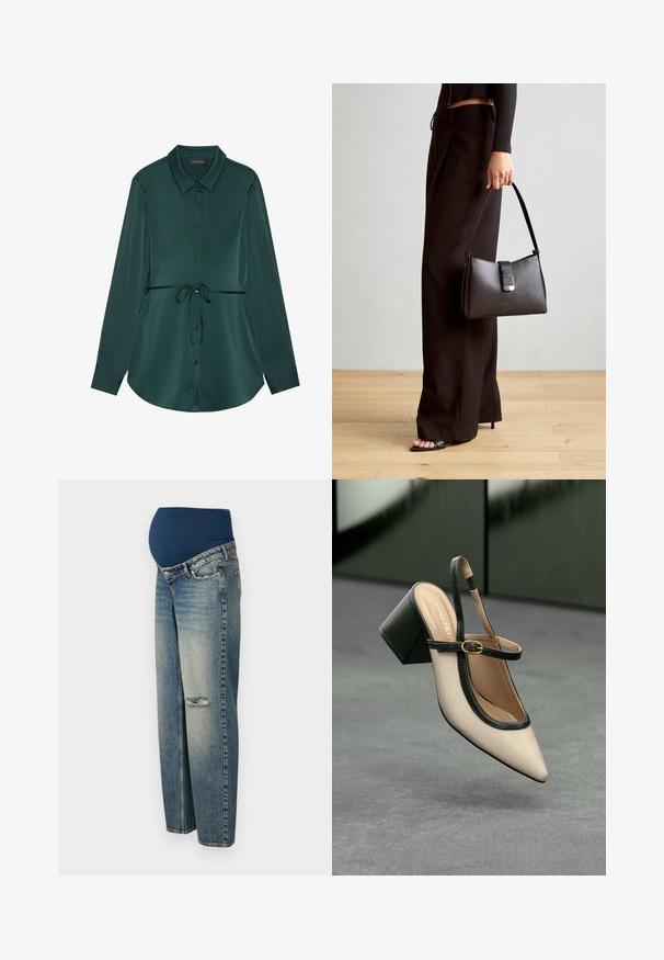 Košulja dugih rukava od tamnozelene satenske tkanine s ovratnikom, zatvaranjem na gumbe, prsnom vrpcom za vezanje u struku i zakrivljenim rubom za ležerno prianjanje.; Trudničke traperice s tamnoplavim, rastezljivim pojasom i svijetloplavim, izblijedjelim trapericama. Sadrži detalj sa poderanim dijelom na jednom koljenu.; Bež sandala s visokim potpeticama, otvorenom petom, šiljastim vrhom, crnim rubom i detaljem kopče. Glatki materijal s mat završnom obradom, srednja blok potpetica.; Crna torba s oblikom koji sadrži strukturu, glađu teksturu i metalnu kopču. Uparena s širokim crnim hlačama i sandalama na otvorenom s drvenog poda.