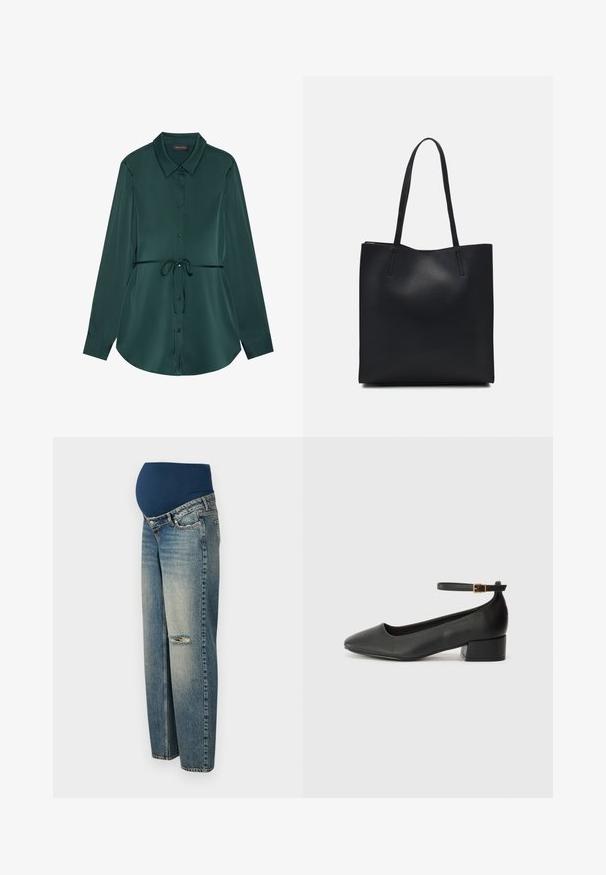 Tumesinises satiinis pikkade varrukatega särk, millel on krae, nööpidega sulgur, nööriga vöökoht ja kumer äär, mis annab lõdvestunud välimuse.; Rasedusjeansid tummise sinise, veniva vöötiga ja heledast sinisest kulunud denimist. Ühel põlvel on rebenenud detail.; Must mustaapp, millel on terav nina ja madal blokk-kand. Omab pahkluu rihma koos kuldse tooni pandlaga. Sile tekstuur.; Mustast nahast kott sujuva tekstuuriga, ristkülikukujuline ja kahe pika sangaga. Pole nähtavat riistvara ega kaunistusi.