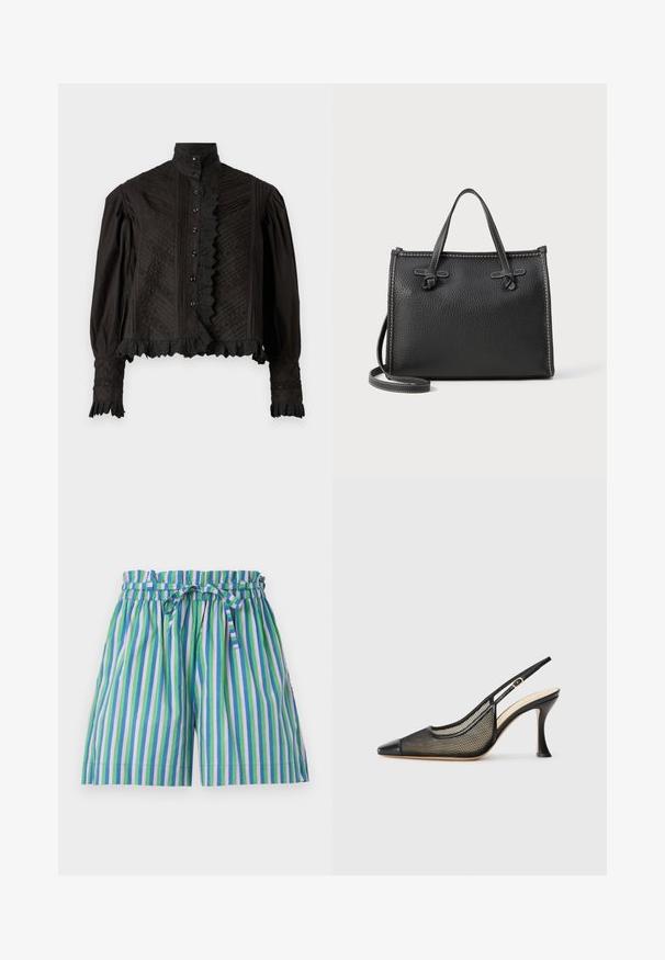 Črna, strukturirana bluzica z visokim ovratnikom, zapiranjem na gumb, nabranimi robovi in dekorativnimi vzorci. Ima napihnjen dolge rokave.; MILLE CARY - Kratke hlače - multicoloured; Črne slingback visoke petke z ostrim nosom, mrežastim detajlom in gladkim usnjenim pokrovom. Barve vključujejo črne in bež poudarke.; Črna usnjena torbica z teksturiranim koncem, pravokotne oblike, z dvema zgornjima ročajema in odstranljivo naramnico. Podrobnosti v kontrastnem šivanju.
