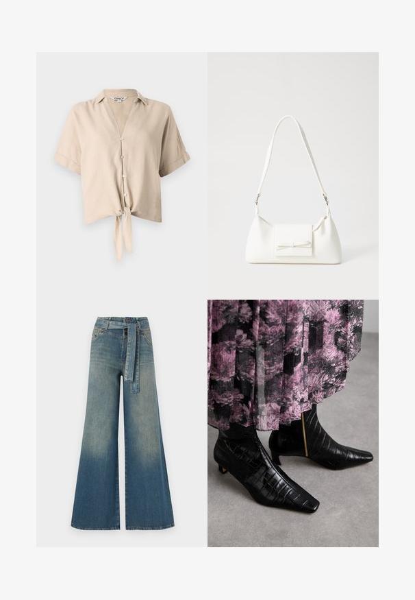 Beezhi lühike särk lühikeste varrukatega, vertikaalse kaelusega, nööpide kinnitusega ja ees sõlmega detailiga. Valmistatud kergest kangast.; Laiad denimpüksid, millel on hele tume sinine gradiendiefekt, kõrge vöökoht, vöökumlid ja sobivast kangast vöö. Struktureeritud denimi viimistlus.; Mustad musta krokodillimustriga nahast pahklaukena saapad, terava ninaga ja väikese plokknõrgiga; külgedel on kuldne tõmblukk.; Valge sünteetilisest materjalist kott kolmnurkse kujuga, lame esiklapiga ja kaaredetailiga, reguleeritava rihmaga, sileda tekstuuriga ja minimalistliku disainiga.