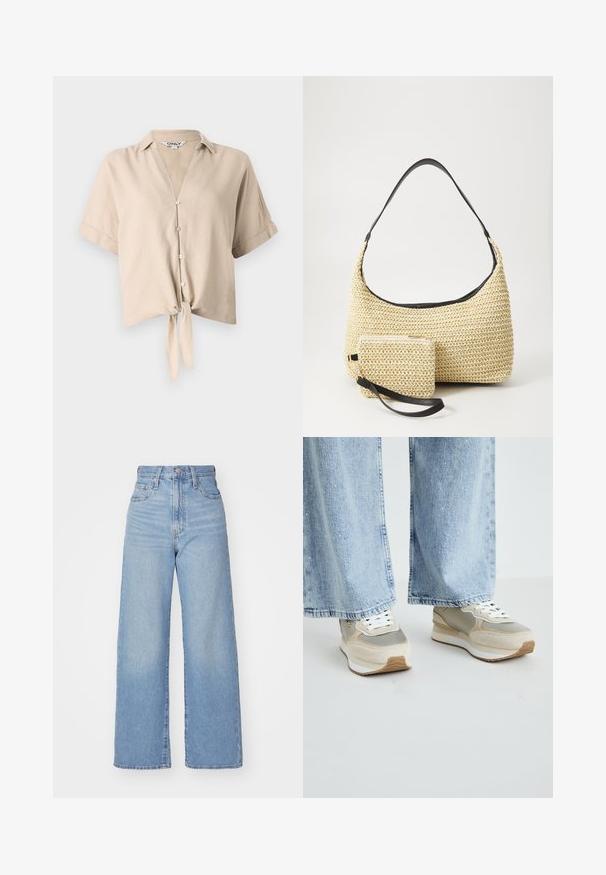 Beige cropped ing rövid ujjal, függőleges gallérral, gombos záródással és elöl megkötött részlettel. Könnyű anyagból készült.; Világoskék, magas derekú, bő szárú farmernadrág, elülső gombbal és cipzárral, elülső és hátsó zsebekkel, fehér háttérrel.; Beige és szürke sportcipő, velúr és fényvisszaverő anyag keverékéből, fehér fűzőkkel, gumitalppal és texturált részletekkel. Világoskék farmernadrággal viselve.; Fonott szalmakézi táska ívelt sziluettel, sima fekete bőrszíjjal és egy hozzá illő, csuklószíjjal rögzített kis tasakkal.