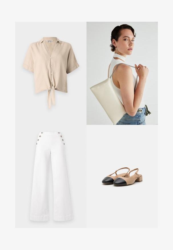 Šviesiai ruda trumpa marškinė su trumpomis rankovėmis, vertikaliu apykakle, mygtukų uždarymu ir pririštu mazgu priekyje. Pagaminta iš lengvos medžiagos.; Balti plačios medvilninės kelnės, turinčios didelius dekoratyvinius mygtukus šonuose, su lygiu paviršiumi ir tvarkingais siūlais.; Bežiniai odiniai šlepetės su juoda priekyje, bloko kulnu ir reguliuojama juosta. Lygi tekstūra ir minimalistinis dizainas.; Balta, stačiakampio formos rankinė pagaminta iš blizgaus medžiagos, su sidabriniu virvute. Modelis pozavo, demonstruodamas rankinę prieš paprastą foną.