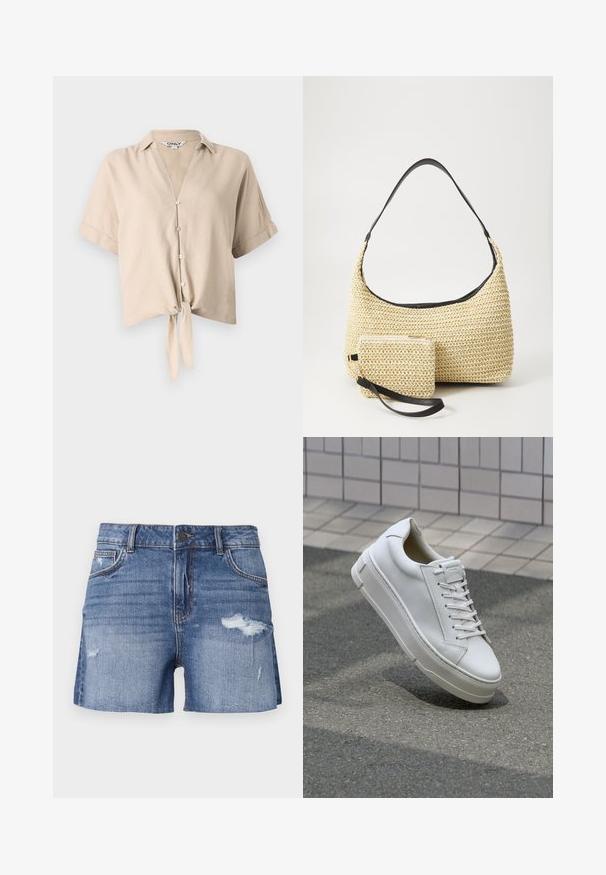 Bežani skraćeni majica s kratkim rukavima, vertikalnim ovratnikom, zatvaranjem na dugmad i detaljem čvora sprijeda. Izrađena od laganog materijala.; Denimske šortse u svijetloplavoj boji s izblijedjelim završnim obradama i istrošenim detaljima. Ima pet džepova i zatvaranje na dugme sprijeda.; Bijeli kožni tenisice s niskim dizajnom, ravnim vezicama, zaobljenim vrhom i teksturiranim stranama. Debeli gumeni potplat s suptilnim naglascima.; Tkana torba od slame s zakrivljenom siluetom, koja sadrži glatku crnu kožnu naramenicu i odgovarajući mali neseser koji je pričvršćen narukvicom.