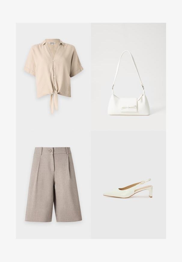Beige cropped ing rövid ujjal, függőleges gallérral, gombos záródással és elöl megkötött részlettel. Könnyű anyagból készült.; Beige, pleatelt nadrág, gombos záródással és sima textúrával, modern, struktúrált sziluetthez tervezve.; Fehér lakkbőr slingback cipő, hegyes orral és alacsony blokk sarkal. Finom pánttal rendelkezik, arany színű csattal.; Fehér szintetikus kézitáska, háromszög alakú, lapos előlap, masni részlettel, állítható pánttal, sima textúrával és minimalista dizájnnal.