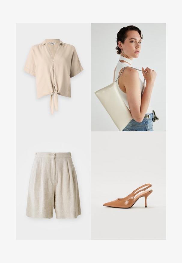 Beige verkürztes Shirt mit kurzen Ärmeln, einem vertikalen Kragen, Knopfverschluss und einem gebundenen Knoten-Detail vorne. Aus leichtem Stoff gefertigt.; Beige Leinen-Shorts mit Knopfverschluss, gefaltetem Vorderteil und seitlichen Taschen. Der Stoff hat eine strukturierte Oberfläche und sorgt für eine lockere Passform.; Spitz zulaufender Slingback-Absatz aus einem glatten, glänzenden, tanfarbenen Material. Mit einem geschwungenen Ausschnitt-Design und einem schlanken Stiletto-Absatz. Silberne Schnallendetails.; Weiße rechteckige Clutch aus glänzendem Material mit einem silbernen Kettenriemen. Das Model posiert und präsentiert die Tasche vor einem schlichten Hintergrund.