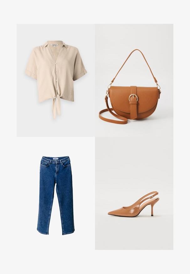 Beige avskåret skjorte med korte ermer, vertikal krage, knappestilling og en knyttedetalj foran. Laget av lett stoff.; Blå denim bredbeinede bukser med høy midje, med frontlommer, kontraststing og avslappet passform.; Spiss tå slingback hæl i et glat, glinsende brunt materiale. Har et buet utskårent design og en slank stilett hæl. Sølvspenne detalj.; Brun lærcrossbody-veske med en buet form, gullhardware og et spenneakcent. Har en avtakbar skulderreim.