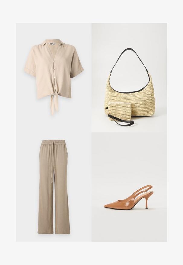 Bežs īsās piedurknes krekls ar vertikālu apkakli, pogu aizdari un saistītu mezglu frontē. Izgatavots no viegla auduma.; Beige platās kājas bikses izgatavotas no viegla auduma. Tām ir elastīgs jostasvieta ar auklu un sānu kabatām. Gluda tekstūra.; Izteikts pirksta siksnas zābaks, izgatavots no gludas, spīdīgas brūnas materiāla. Piedāvā izliekta izgriezuma dizainu un smalku stiletto papēdi. Sudraba sprādze.; Auduma salmu rokassoma ar izliekta siluetu, kas ir aprīkota ar gludu melnu ādas rokturi un atbilstošu mazu maciņu, kas piestiprināts pie plaukstas siksniņas.