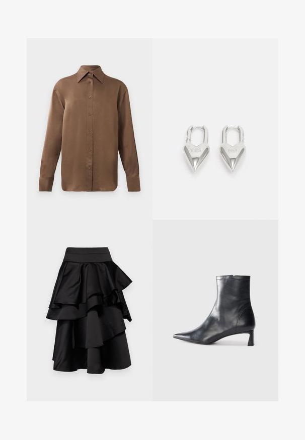 Brown long-sleeve button-up shirt with pointed collar and cuffs, displayed against a plain white background.; Black layered skirt with multiple ruffles. Features a fitted waistband and a flowy finish, crafted from a smooth, satin-like fabric.; Black leather ankle boot with a pointed toe and a sleek design. Features a low heel and a zipper closure at the back. Smooth texture.; Silver heart-shaped padlocks featuring engraved "YES" and "NO" texts, polished finish, symmetrical design, and a robust metal clasp.