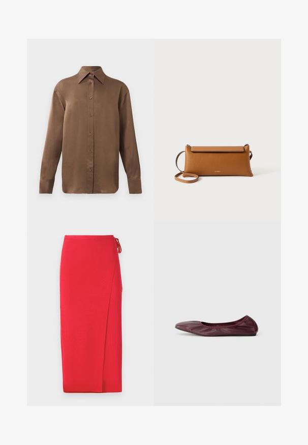 Camisa de botones de manga larga marrón con cuello y puños puntiagudos, exhibida sobre un fondo blanco liso.; Falda midi de punto canalé roja con una abertura lateral, que cuenta con un detalle de lazo en la cintura. Textura suave con una silueta ajustada.; Bailarina en cuero burdeos profundo, con punta redondeada, borde elástico y textura suave con un sutil detalle de pliegues.; Bolso de mano de cuero marrón, forma rectangular, superficie texturizada, correa desmontable, cierre con cremallera, logo sutilmente grabado en el frente.