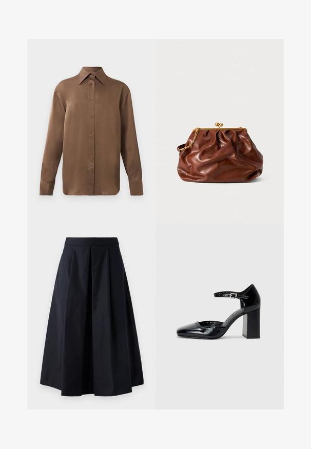 Cămașă lungă cu mânecă, de culoare maro, cu guler și manșete ascuțite, prezentată pe un fundal alb simplu.; Fustă neagră în linie A, dintr-un material neted, cu pliseuri și un brâu lat. Fusta se oprește cu puțin deasupra gleznei.; Pantofi cu toc înalt din piele lăcuită neagră, cu vârf pătrat, curea pentru gleznă și toc gros. Include detalii perforate de-a lungul marginii.; Plică din piele maro cu ramă aurie și mânere scurte din lant auriu, având o textură moale, pliată pe un fundal alb.