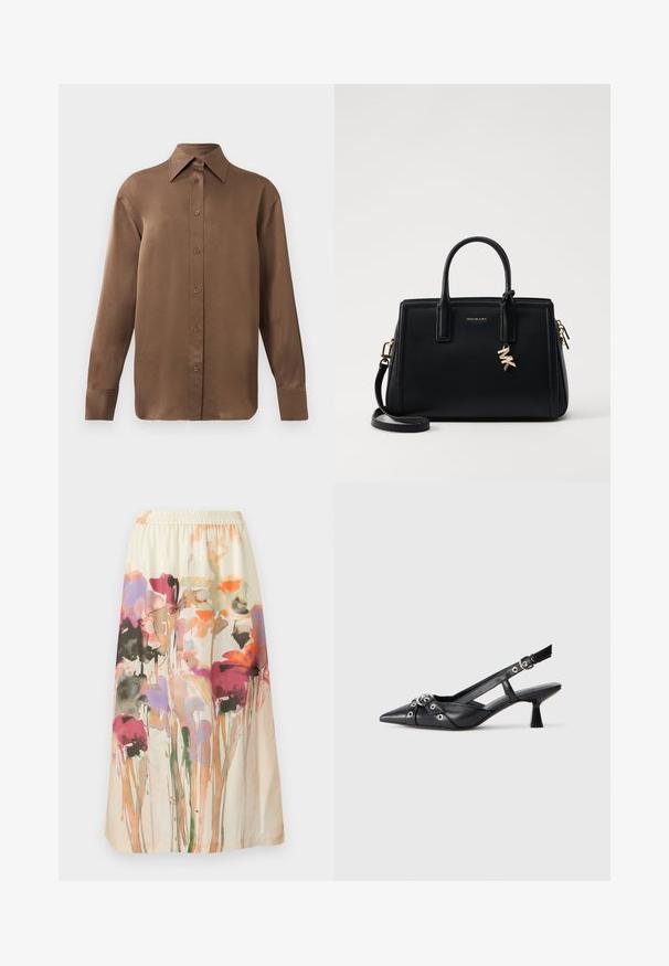 Kahvi pitkähihainen napitettava paita, jossa on terävä kaulus ja hihansuut, esillä yksinkertaisen valkoisen taustan edessä.; Hame floral-printed dengan latar belakang krim; menampilkan pola bunga abstrak yang berwarna-warni dalam nuansa pink, ungu, dan oranye; dilengkapi dengan pinggiran elastis.; Mustat nahkakengät, joissa on avonainen takaosa ja kärjessä terävä muoto, koristevyöt, joissa on metalliset reiät, sekä matala lohkoepohja. Teksturoitu pinta.; Musta nahkalaukku, jossa on jämäkkä muotoilu, kaksinkertaiset ylätangot, irrotettava olkahihna, kultalevjät ja logokoru koristeena.