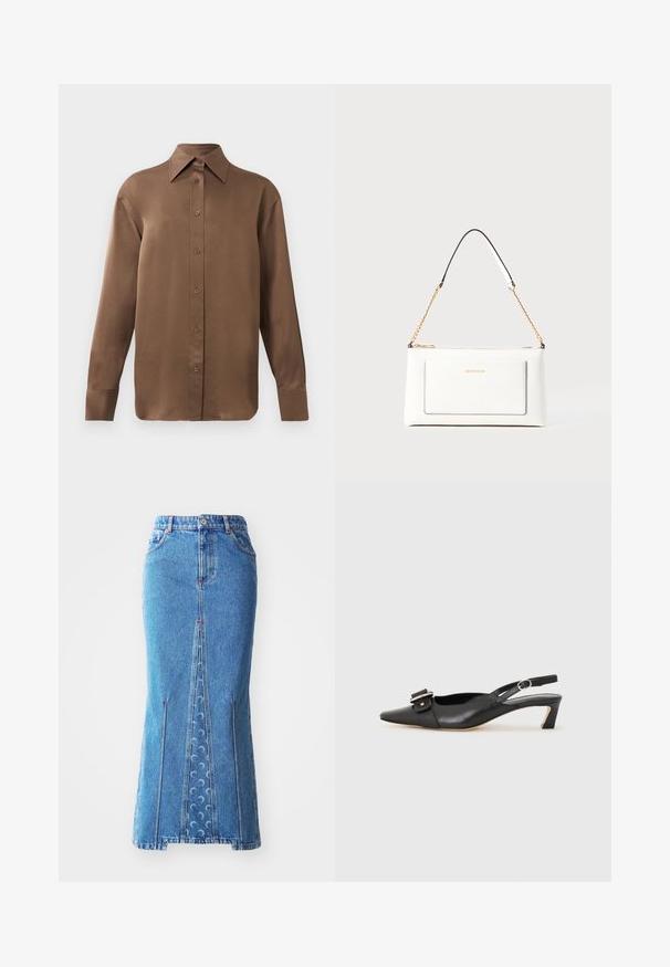 Καφέ μακρυμάνικο πουκάμισο με κουμπιά και μυτερό γιακά και μανσέτες, τοποθετημένο σε λευκό φόντο.; Τζιν μίντι φούστα σε ανοιχτό μπλε χρώμα, με εμπρός σκίσιμο, αντίθετη ραφή, δύο πλαϊνές τσέπες και διακριτά σχέδια με κυματισμούς.; Μαύρο δερμάτινο παπούτσι slingback με μυτερή μύτη, μικρό τακούνι και διακοσμητική αγκράφα στο πάνω μέρος. Σmooth υφή, μινιμαλιστικός σχεδιασμός.; Λευκή δερμάτινη τσάντα με υφή, διαθέτει χρυσή αλυσίδα και μαύρες λεπτομέρειες. Περιλαμβάνει μπροστινή τσέπη και κλείσιμο με φερμουάρ.