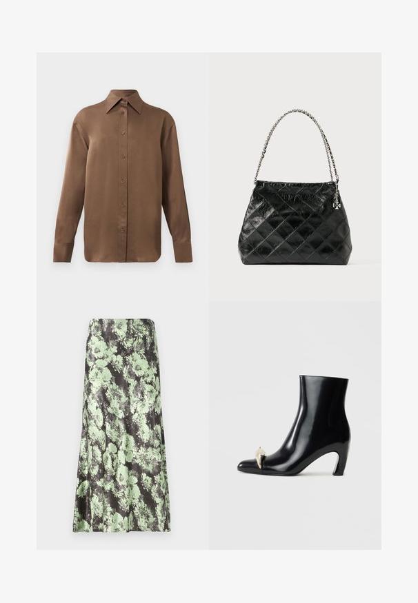 Braunes Langarmhemd mit Knopfverschluss, spitzem Kragen und Manschetten, vor einem schlichten weißen Hintergrund präsentiert.; Blumiger Rock mit schwarzem Grundton und hellgrünen Blumenmustern. Das Material wirkt glatt mit einer leicht glänzenden Textur und hat eine ausgestellte Form.; Schwarzer Knöchelschuh aus glänzendem Leder, mit einer spitzen Zehenform und einem dekorativen gold- und silberfarbenen Akzent an der Vorderseite. Blockabsatz-Design.; Schwarze gesteppte Lederhandtasche mit einem silbernen Kettenhenkel, die ein strukturiertes Design und eine glatte Textur aufweist.