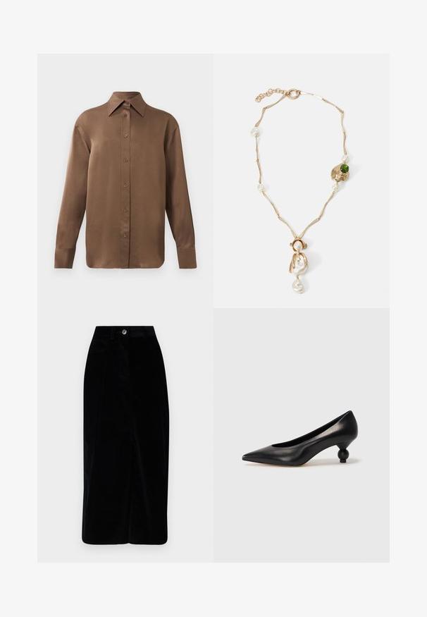 Brown long-sleeve button-up shirt with pointed collar and cuffs, displayed against a plain white background.; Black corduroy midi skirt with a straight fit, front button closure, and two side pockets. Soft texture with vertical ribbed pattern.; Black leather high heel shoe with a pointed toe and a round, balled heel. Smooth texture with a sleek, minimal design.; Gold-tone necklace with twisted links, white pearls, and a green stone accent. Features intricate details and a clasp for fastening.