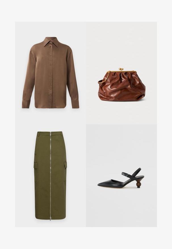 Brown long-sleeve button-up shirt with pointed collar and cuffs, displayed against a plain white background.; Olive green cargo skirt made of cotton blend, featuring a central zip closure and two side pockets for added utility.; Black leather slingback shoe with a pointed toe, curved design, and a round wood-like heel. Features a narrow ankle strap.; Brown leather clutch bag with gold clasp frame and short gold chain handle, featuring a soft, gathered texture on a white background.