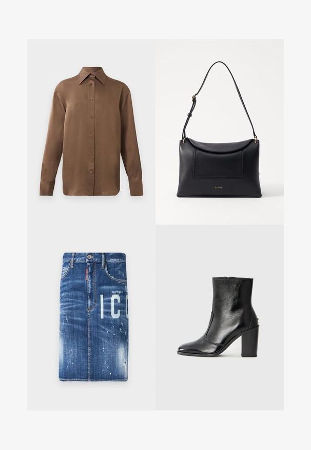 Kahvi pitkähihainen napitettava paita, jossa on terävä kaulus ja hihansuut, esillä yksinkertaisen valkoisen taustan edessä.; Tummansinisestä farkkuhameesta, jossa on kulutusjälkiä, vaaleita laikkuja ja painettua tekstiä. Hameessa on tavallinen vyötärö ja vetskari.; Mustat nahka ankle bootit, joissa on sileä pinta, terävä kärki ja paksu korkea korko. Sivusaumassa on avaus ja muuten yksinkertainen muotoilu.; Musta nahkalaukku, jossa on jämäkkä muoto, taittuva kansi ja etutasku. Siinä on hoikka hihna ja kultaiset metalliosat.
