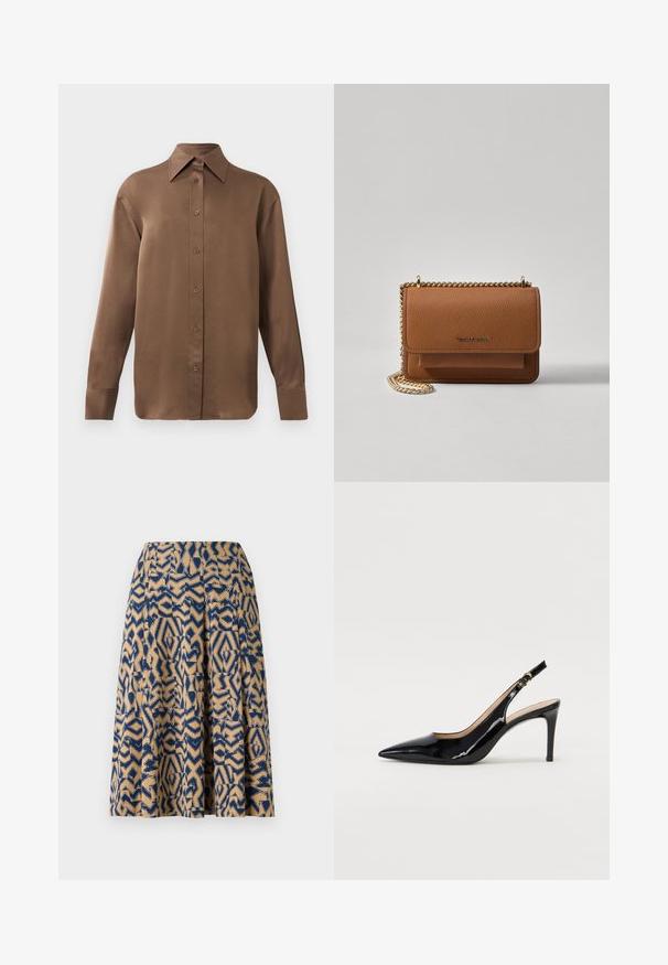 Camisa branca de mangas longas com botões e colarinho pontudo, exibida contra um fundo branco liso.; Uma saia até ao joelho com um padrão geométrico em azul-marinho e bege, com pregas e uma textura suave.; Sandal com salto em verniz preto, bico fino, salto esguio e um design de recorte subtil. Apresenta uma fivela dourada na alça.; Bolsa crossbody de couro texturizado castanho com alça de corrente dourada e fecho com aba. A parte da frente apresenta detalhe do logótipo e um bolso sob a aba.