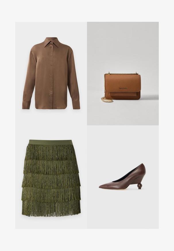 Camicia marrone a maniche lunghe con bottone, colletto e polsini a punta, esposta su uno sfondo bianco uniforme.; Weekend Max Mara LUCY HALE GARONNA - Minigonna - verde kaki; Pantofole a zeppa in pelle marrone con punta affusolata e tacco arrotondato a forma di sfera. Texture liscia con un design semplice e accenti minimi.; Borsa a tracolla in pelle marrone con texture, dotata di catena dorata e chiusura a pattina. Sul davanti presenta un dettaglio con logo e una tasca sotto la pattina.