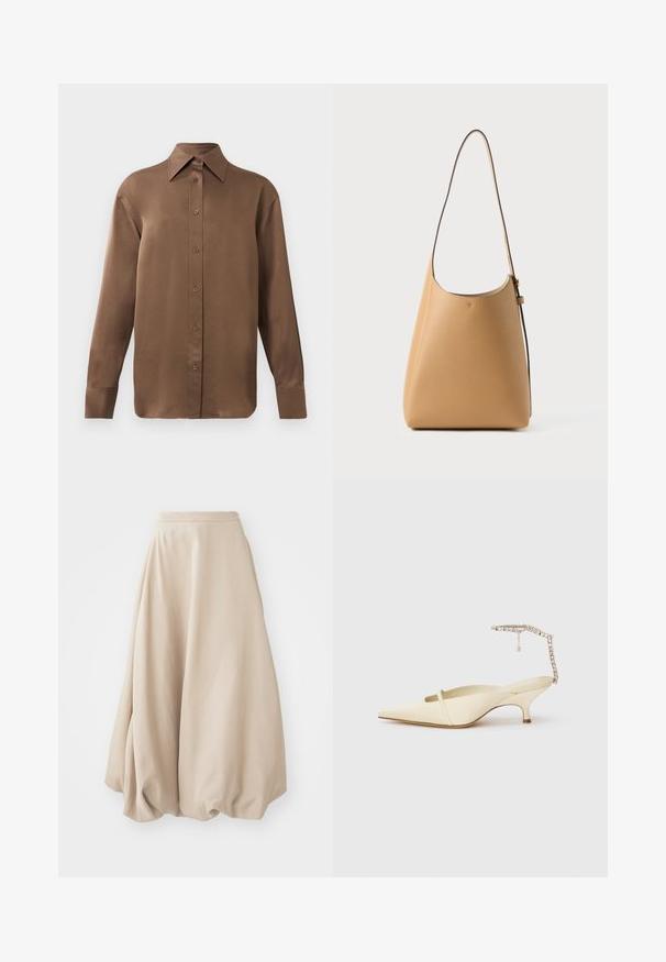 Braunes Langarmhemd mit Knopfverschluss, spitzem Kragen und Manschetten, vor einem schlichten weißen Hintergrund präsentiert.; Beige Ballonrock aus weichem Stoff. Mit hoher Taille und voluminösem Design, das am Saum eine geraffte Textur aufweist.; Cremfarbene spitz zulaufende Slingback-Absätze mit dünnem vorderen Riemen und verziertem Knöchelriemen auf weißem Hintergrund.; Leder Schultertasche in hellbraun mit glatter Textur, minimalistischen Design, einem einzigen geschwungenen Riemen und dezenten Hardware-Details.