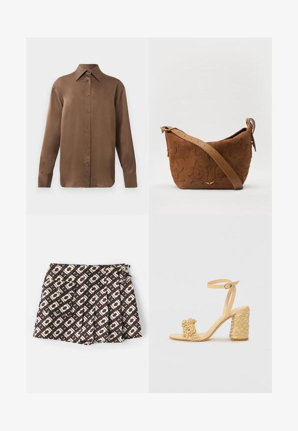 Hnedá košeľa s dlhým rukávom, so zapínaním na gombíky, s špicatým golierom a manžetami, vystavená na jednoduchom bielom pozadí.; Kraťasy so značkou s hnedo-krémovým geometrickým vzorom, dvoma bočnými vreckami a zlatými kovovými detailmi. Materiál má hladkú textúru.; Béžové sandále na vysokom podpätku s opletenou textúrou, ozdobené kvetinou a popruhom na členku. Štvorcová päta zvyšuje stabilitu.; Hnedá semišová kabelka na rameno s embosovaným kvetinovým vzorom, doplnená hladkým hnedým koženým popruhom a zlatými kovovými doplnkami.