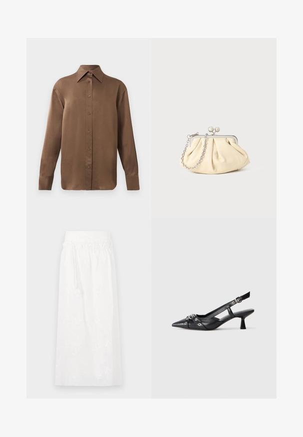 Hnědá košile s dlouhým rukávem, zapínaná na knoflíky, s špičatým límcem a manžetami, vystavená na jednobarevném bílém pozadí.; Bílá maxi sukně s elastickým pasem, jemnou květinovou výšivkou a splývavým střihem. Vyrobena z lehké tkaniny.; Černé kožené slingback boty s špičatou špičkou, dekorativními pásky s kovovými očky a nízkým blokovým podpatkem. Texturovaný povrch.; Plisovaná béžová kožená kabelka na psaní s rámem ze stříbrného kovu, vybavená dvěma kulatými dekorativními uzávěry a stříbrným řetízkem.