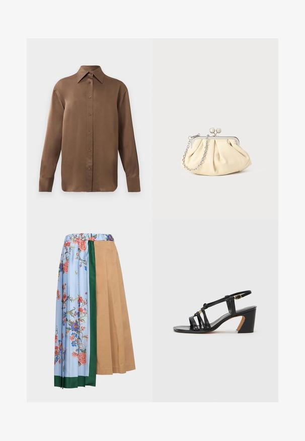 Brown long-sleeve button-up shirt with pointed collar and cuffs, displayed against a plain white background.; WEEKEND MaxMara OPEROSO - A-line skirt - beige; Paul Smith AMIRA - Classic heels - black; Pleated beige leather clutch with a silver metal frame, featuring two round decorative clasps and a silver chain strap.