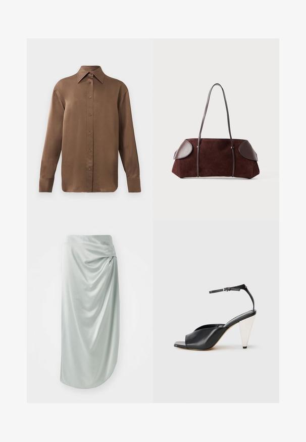Camisa de botones de manga larga marrón con cuello y puños puntiagudos, exhibida sobre un fondo blanco liso.; Falda de satén verde claro con diseño drapeado, de longitud media, textura suave, que presenta un detalle de nudo lateral para mayor interés visual.; Sandalia de tacón alto de cuero negro con punta abierta, diseño asimétrico, tirante en el tobillo y tacón en forma de cono metálico. Textura suave en toda la superficie.; Bolsa de ante marrón con acentos de cuero, forma estructurada, doble strap para el hombro y bordes redondeados, con una textura suave y hardware minimal.