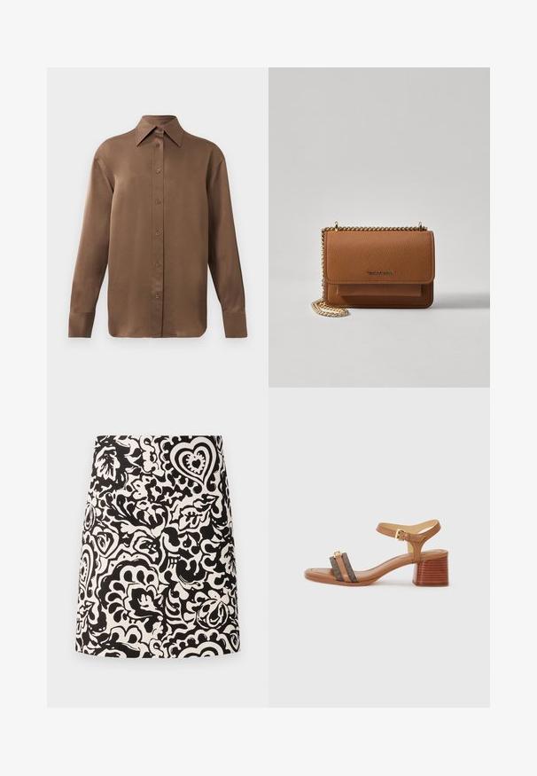 Brun langærmet skjorte med knapper, spids krave og manchetter, vist mod en simpel hvid baggrund.; Sort-hvid blomster mønstret mini nederdel lavet af stof med en glat tekstur og en lige kant. Har svungne designs og hjerter.; Brune hælede sandaler med firkantet tå, to mørkebrune stropper og en gylden spænde. Har en stablet blokhælbund og en glat lædertekstur.; Brun tekstureret læder crossover-taske med guldkæde-rem og klaplukning. Forsiden har logo-detalje og en lomme under klappen.