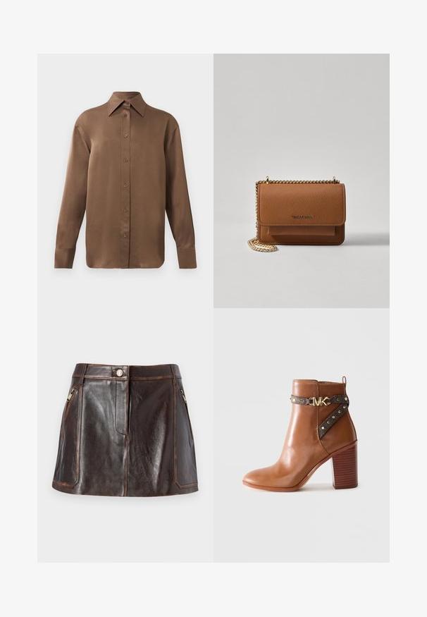Brun langærmet skjorte med knapper, spids krave og manchetter, vist mod en simpel hvid baggrund.; Brun læder mini-nederdel med et strømlinet design, to lynlåslommer i siden og kontrasterende syninger langs kanterne.; Brun læder ankelstøvle med stablet blokheel, sidebånd med guldnitter og en guld "MK" logo spænde.; Brun tekstureret læder crossover-taske med guldkæde-rem og klaplukning. Forsiden har logo-detalje og en lomme under klappen.