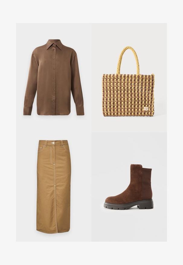 Hnedá košeľa s dlhým rukávom, so zapínaním na gombíky, s špicatým golierom a manžetami, vystavená na jednoduchom bielom pozadí.; Hnedá sukňa strednej dĺžky z odolného materiálu, s bielym prešívaním, predným zapínaním na gombík a dvomi bočnými vreckami. Priamy strih.; Hnedé semišové členkové topánky s elastickými bočnými panelmi, zaoblenou špičkou a hrubou gumovou podrážkou so štruktúrovaným vzorom.; Tkaná taška v hnedej a žltej farbe, s obdĺžnikovým tvarom, dvoma úchytmi a textúrovaným povrchom s viditeľným šitím a značkovou visačkou.
