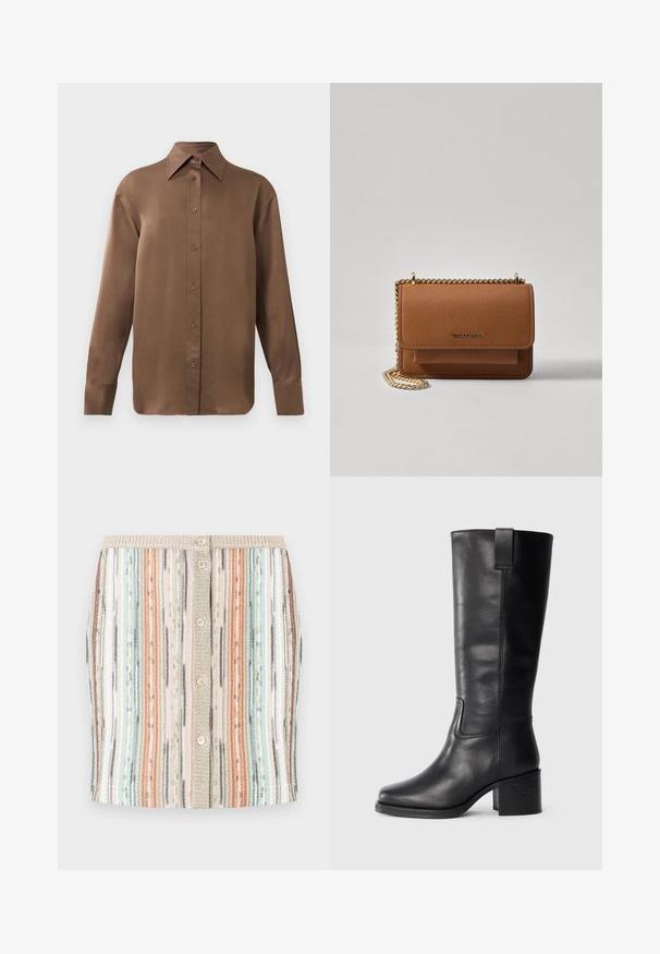 Barna, hosszúujjú, gombos ing, hegyes gallérral és mandzsettákkal, egyszerű fehér háttér előtt kiemelve.; Csíkos kötött szoknya pasztell színekben, beleértve a mentazöldet, korallt és bézs színt. Elöl gombos kialakítással és texturált derékrésszel rendelkezik.; Fekete bőr, térd fölé érő csizmák sima textúrával, négyzetes orral, tömbsarkúval és oldalsó húzófüllel, minimális varrási részletekkel.; Barna textúrájú bőr keresztbody táska arany lánc pánttal és fedélzárral. Az elején logó részlet és egy zseb található a fedél alatt.