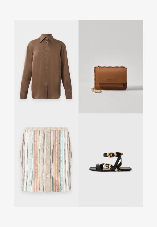 Chemise marron à manches longues avec un col et des poignets pointus, présentée sur un fond blanc uni.; Jupe tricotée rayée aux couleurs pastel, y compris vert menthe, corail et beige. Dotée d'un devant à boutons et d'une taille texturée.; Sandales en cuir noir avec des accents de boucles dorées, présentant plusieurs brides et un design de semelle plate pour un port ouvert.; Sac en cuir texturé marron en bandoulière avec une sangle en chaîne dorée et une fermeture à rabat. L'avant présente un détail de logo et une poche sous le rabat.