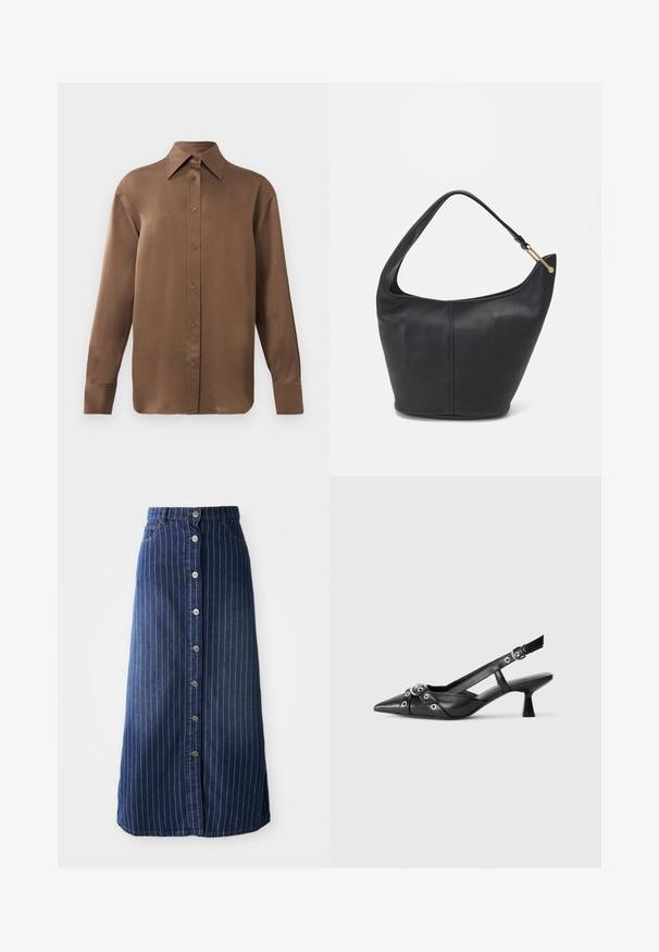 Barna, hosszúujjú, gombos ing, hegyes gallérral és mandzsettákkal, egyszerű fehér háttér előtt kiemelve.; Sötét farmer maxi szoknya függőleges fehér csíkokkal, elöl gombos záródással és enyhe harangal az alján. Öt gombbal és eltérő varrással rendelkezik.; Fekete bőr slingback cipő hegyes orral, dekoratív pántokkal, fém szemekkel és alacsony blokk sarkú. Texturált felület.; Fekete bőrtáska kerekded formával, széles pánttal és texturált felülettel. Finom varrási részletekkel és arany színű fém díszítéssel rendelkezik.