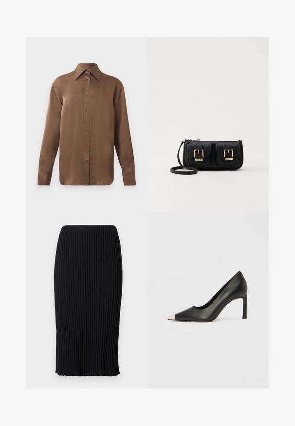 Barna, hosszúujjú, gombos ing, hegyes gallérral és mandzsettákkal, egyszerű fehér háttér előtt kiemelve.; Fekete midi szoknya függőleges plisszírozással, rugalmas derékpánttal és oldalsó hasítékkal. Ruganyos anyagból készült, sima textúrával és testhezálló kivitelben.; Fekete bőr magas sarkú cipő hegyes orral és fém ezüst orrtippel. Simább kivitelű, karcsú, 10 cm-es sarokkal.; Fekete bőr keresztbody táska két elülső zsebbel, arany csattokkal, cipzáras záródással és vékony pánttal. Textúrált felület és kompakt téglalap alak.