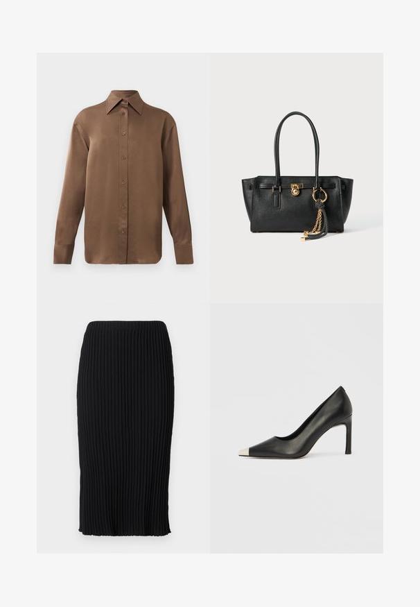 Barna, hosszúujjú, gombos ing, hegyes gallérral és mandzsettákkal, egyszerű fehér háttér előtt kiemelve.; Fekete midi szoknya függőleges plisszírozással, rugalmas derékpánttal és oldalsó hasítékkal. Ruganyos anyagból készült, sima textúrával és testhezálló kivitelben.; Fekete bőr magas sarkú cipő hegyes orral és fém ezüst orrtippel. Simább kivitelű, karcsú, 10 cm-es sarokkal.; Fekete bőr kézitáska dupla fogantyúkkal, aranyzárral és lánc részletekkel, fekete-fehér bojt kiegészítővel, fehér háttéren.