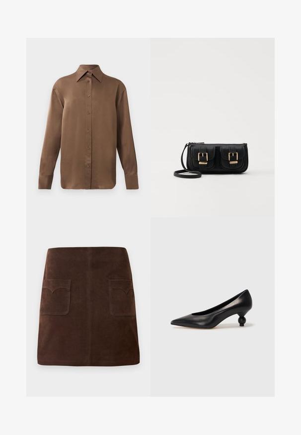 Chemise marron à manches longues avec un col et des poignets pointus, présentée sur un fond blanc uni.; Jupe en suède marron présentant une silhouette A-line classique, deux poches avant avec des rabats arrondis et des détails de couture discrets.; Chaussure à talon haut en cuir noir avec un bout pointu et un talon arrondi. Texture lisse avec un design épuré et minimal.; Sac en cuir noir porté en travers avec deux poches avant, boucles dorées, fermeture zippée et une sangle fine. Surface texturée et forme rectangulaire compacte.