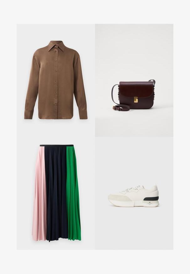 Cămașă lungă cu mânecă, de culoare maro, cu guler și manșete ascuțite, prezentată pe un fundal alb simplu.; Fustă plisată cu panouri în nuanțe de roz, bleumarin și verde. Confectionată dintr-un material moale cu un brâu elastic pentru o potrivire confortabilă.; Adidași albi cu vârf din suede texturat, parte superioară din plasă netedă, șireturi decorative și un accent din cauciuc negru la toc.; Geantă din piele maro cu închidere cu clapetă, accesorii aurii și curea reglabilă. Dispune de o textură netedă și o formă rectangulară elegantă.