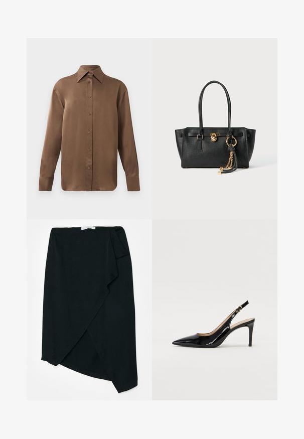 Brown long-sleeve button-up shirt with pointed collar and cuffs, displayed against a plain white background.; Black wrap skirt in lightweight fabric with a subtle texture. Asymmetrical hemline and side pleat detail. No visible hardware or accents.; Black patent leather slingback pump with pointed toe, slim heel, and a subtle cutout design. Features a gold buckle on the strap.; Black leather handbag with double handles, gold lock and chain detail, and black-and-white tassel accessory against white background.