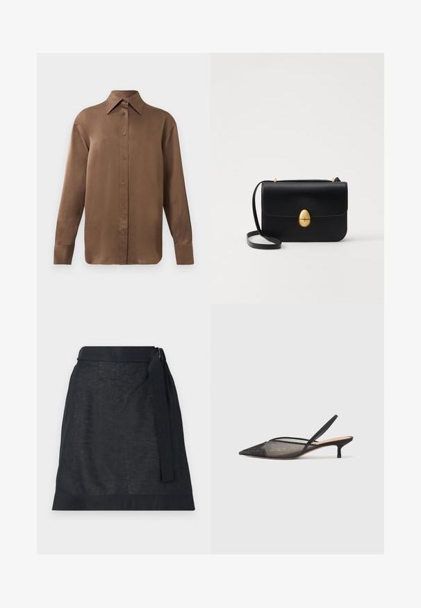 Brown long-sleeve button-up shirt with pointed collar and cuffs, displayed against a plain white background.; Dark linen wrap skirt with a straight cut, featuring a waist tie and subtle texture. No visible patterns or hardware details.; NEOUS IRENA - Classic heels - black; Black leather handbag with a structured rectangular shape. Features a golden oval clasp and a thin shoulder strap. Smooth texture.