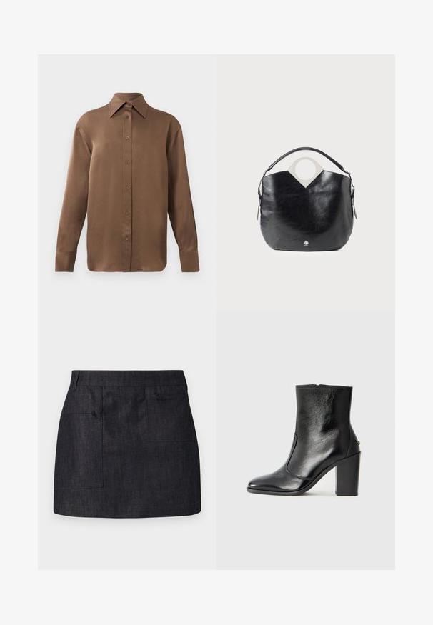 Brūns garās piedurknes pogājamais krekls ar norādītu apkakli un aprocēm, izlikts pret vienkāršu baltu fonu.; Tumša džinsa svārki ar taisnu griezumu, piedāvājot divas priekšējās kabatas un smalku tekstūru. Tīrs apakšmalas dizains un standarta josta.; Melnas ādas potīšu zābaki ar gludu tekstūru, smailu purngalu un masīlu augstu papēdi. Iekļauts sānu atvērums un minimālistisks dizains.; Melnas ādas soma ar izliekta formu, apaļu augšējo rokturi un sudraba logo detaļu. Gluda tekstūra un ievērojama izgriezuma dizaina iezīme.