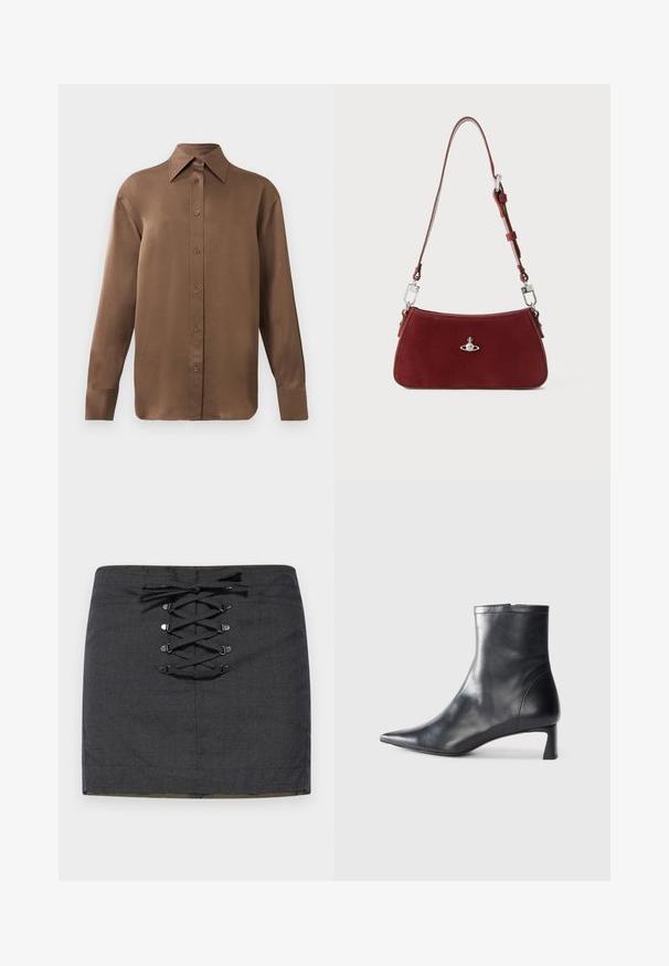 Camisa de botones de manga larga marrón con cuello y puños puntiagudos, exhibida sobre un fondo blanco liso.; Mini falda gris oscuro con detalle de cordones en la parte delantera y herrajes metálicos. Textura suave, forma ajustada y cinturilla de altura media.; Botín de cuero negro hasta el tobillo con punta afilada y un diseño elegante. Presenta un tacón bajo y un cierre con cremallera en la parte trasera. Textura suave.; Bolso de hombro de ante rojo con forma curvada. Presenta un acento en tono plateado y una correa ajustable con detalles de herrajes. Textura suave.
