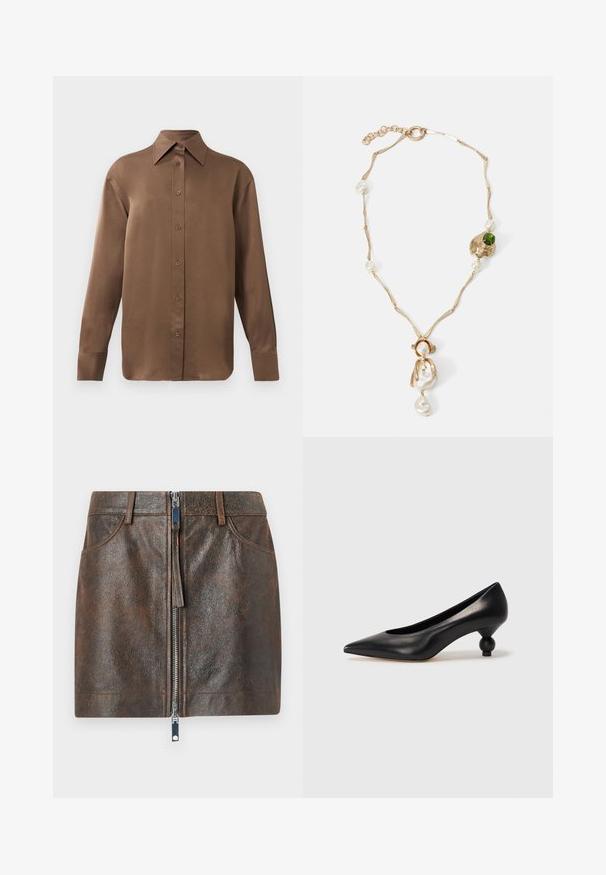 Brūns garās piedurknes pogājamais krekls ar norādītu apkakli un aprocēm, izlikts pret vienkāršu baltu fonu.; Brūnas ādas mini svārki ar spīdīgu rāvējslēdzēja priekšpusi, divām sānu kabatām un teksturētu virsmu. Raksturīga izteikta forma un standarta jostasvieta.; Melnas ādas augstpapēžu kurpes ar smailu purngalu un apaļu papēdi. Gluda tekstūra ar elegantu, minimālistisku dizainu.; Zelta tonis kaklarota ar savirpinātām saistēm, baltām pērlem un zaļa akmens akcentu. Izceļas ar sarežģītām detaļām un aizdari, lai nostiprinātu.