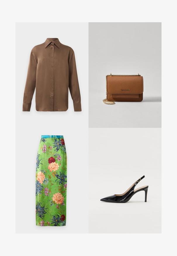 Cămașă lungă cu mânecă, de culoare maro, cu guler și manșete ascuțite, prezentată pe un fundal alb simplu.; Fustă midi florală din satin verde, cu flori colorate în roz, albastru și roșu. Terminată cu un brâu de culoare teal și modele intricate.; Pantofi slingback din piele patent neagră, cu vârful ascuțit, tocul subțire și un design discret cu decupaj. Se evidențiază printr-un cataramă aurie pe curea.; Geantă crossbody din piele texturată maro, cu curea din lanț aurit și închidere cu clapetă. Partea din față prezintă detalii cu logo și o buzunar sub clapetă.