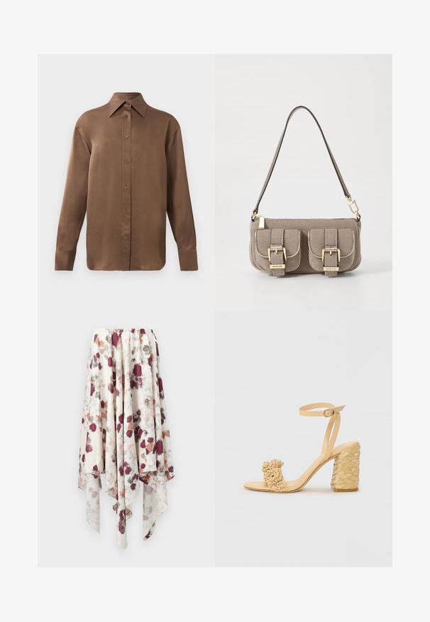 Brun långärmad skjorta med knäppning, spettdetalj på kragen och manschetterna, uppvisad mot en vit bakgrund.; Vit näsdukstofs kjol med maroon, grå och orange akvarellblommor, med ett elastiskt midjeband.; Beige högklackad sandal med flätad textur, prydd med en dekorativ blomma och vristrem. Fyrkantig klack ger stabilitet.; Beige texturerad handväska med justerbar rem, två framfickor säkrade med spännen och guldiga detaljer. Dragkedjestängning upptill.