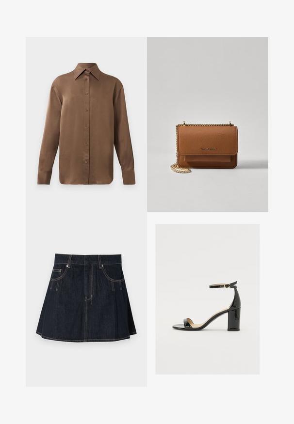 Hnedá košeľa s dlhým rukávom, so zapínaním na gombíky, s špicatým golierom a manžetami, vystavená na jednoduchom bielom pozadí.; Džínová sukňa v tmavomodrej farbe, s rozšíreným strihom, pútkami na opasok, prednými vreckami a kontrastným prešívaním pozdĺž švov.; Čierne lakované sandále s širokým podpätkom, otvorenou špičkou a remienkom okolo členka s zlatou sponou. Hladká textúra a elegantný dizajn.; Hnedá textúrovaná kožená taška cez telo s zlatým reťazovým popruhom a preklopným uzáverom. Predná strana obsahuje detail s logom a vrecko pod preklopkou.
